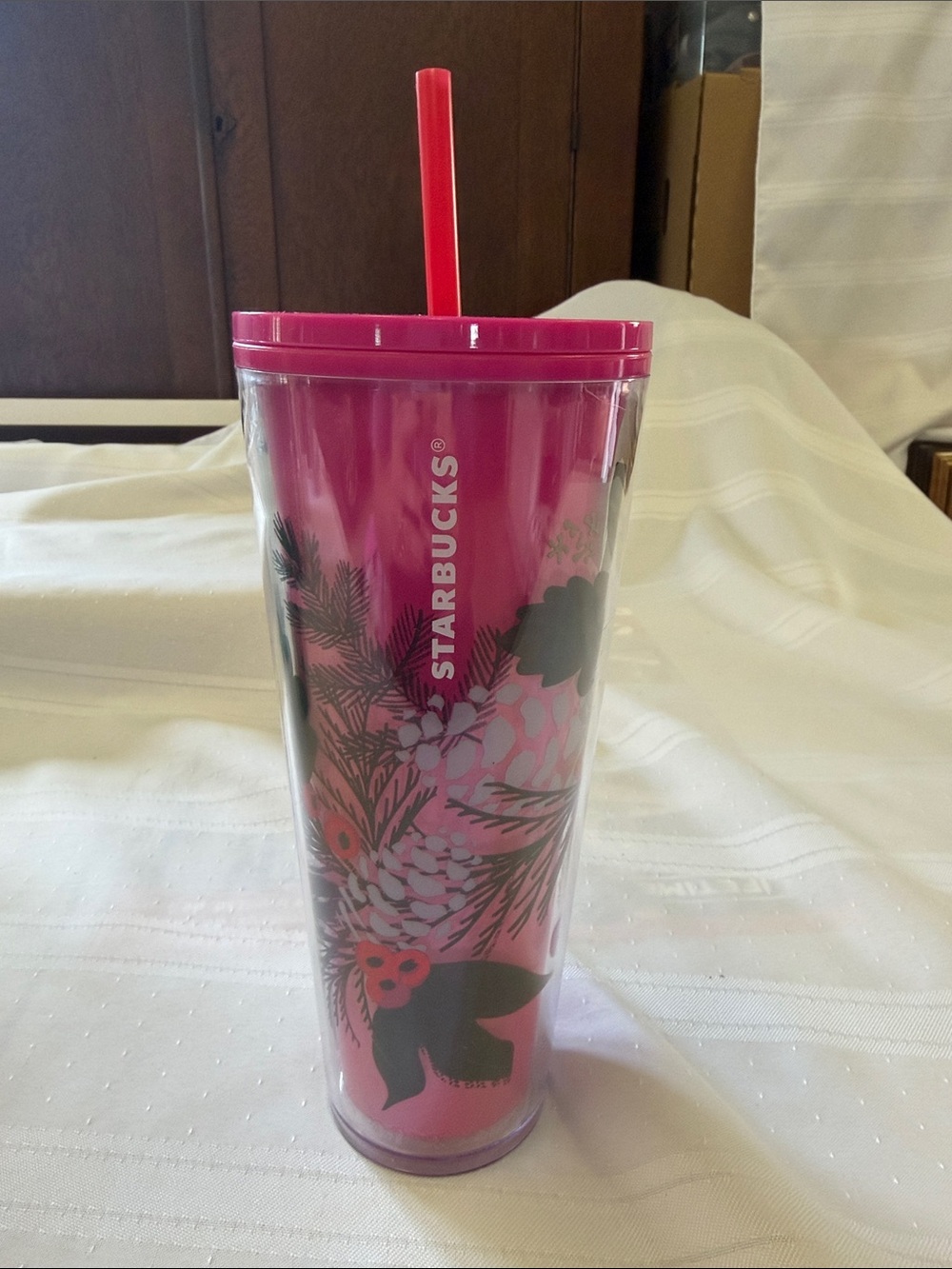 Starbucks Hot Pink Pine Cone Holiday Graphic Tumbler with Straw